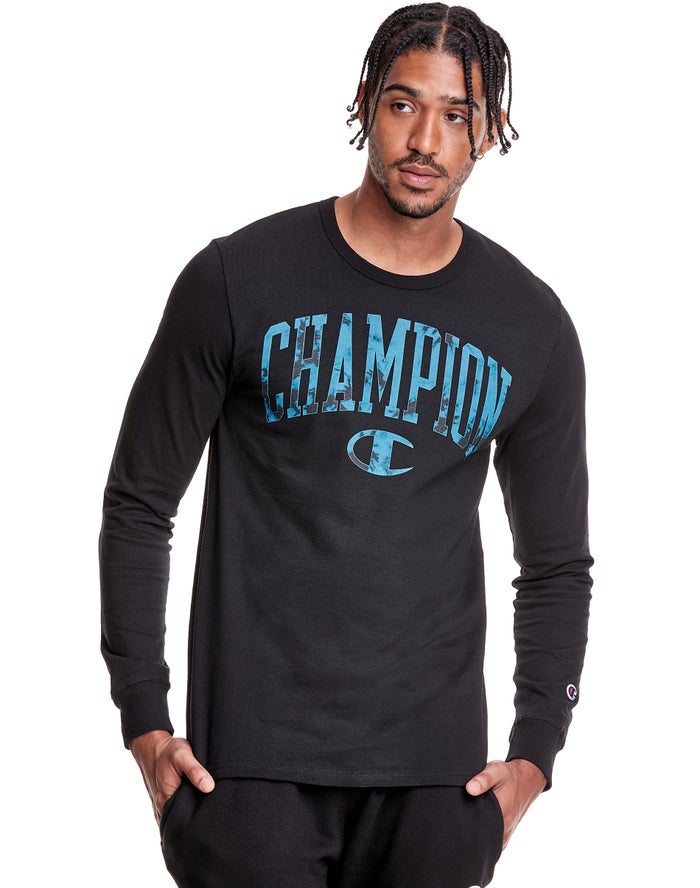 Champion T-Shirt Heren - Zwart - Heritage Long Sleeve Galaxy Dye Arch Logo ( 613825-HDW )